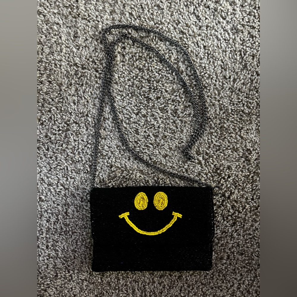 Black Beaded Smiley Face Crossbody Bag
